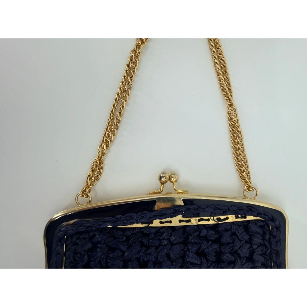 Vintage Walborg Navy Blue Raffia Crochet Kiss Lock Evening Bag Made in Italy